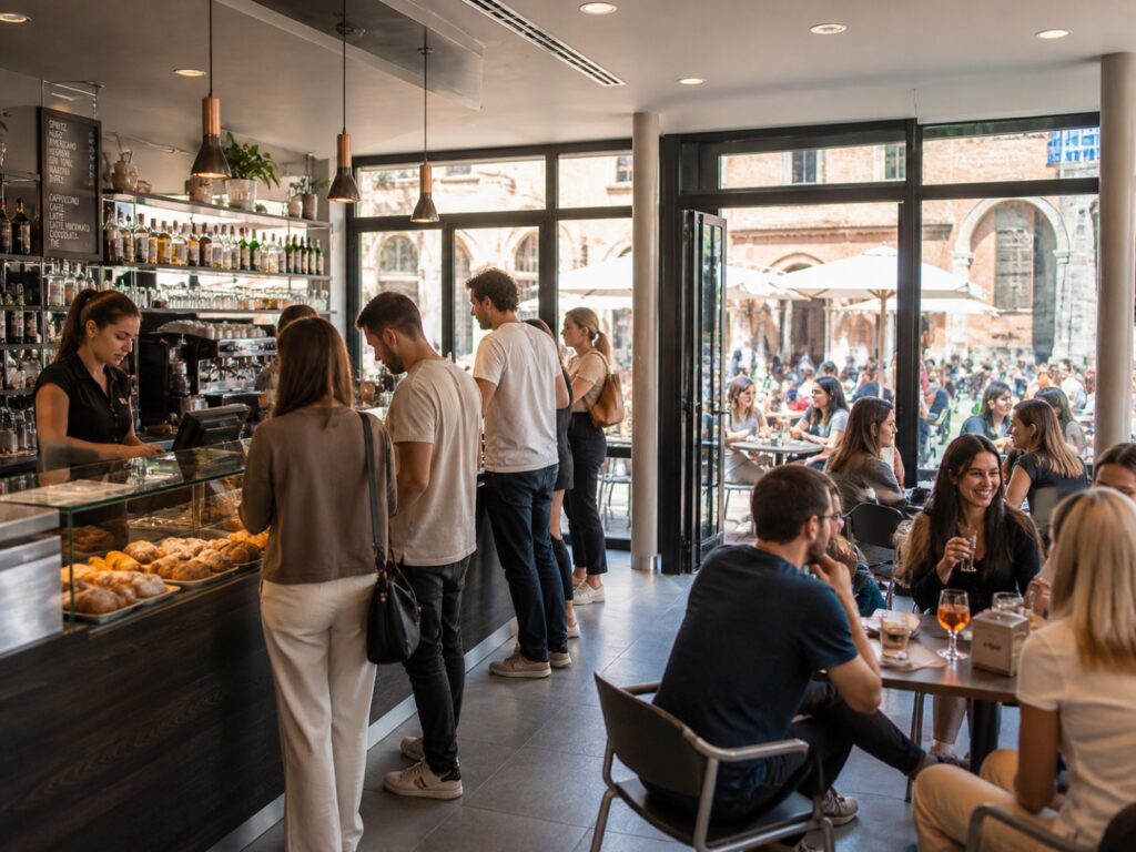 Bar affollato con bancone, clienti in fila e tavolini occupati