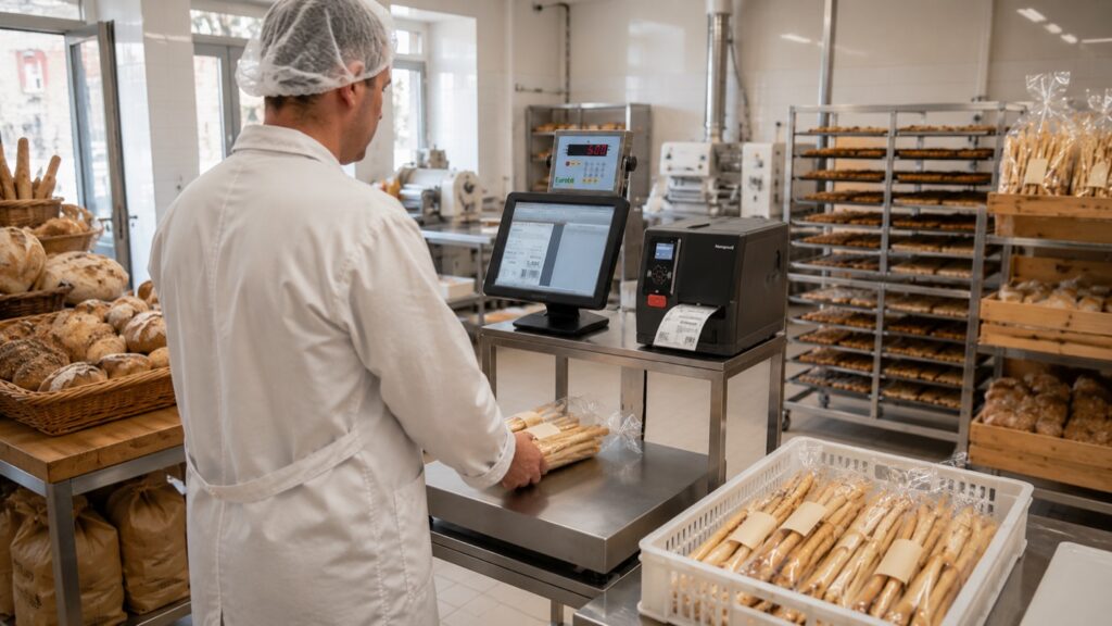 Operatore in panetteria usa bilancia con stampante per etichettatura pesi e prezzi
