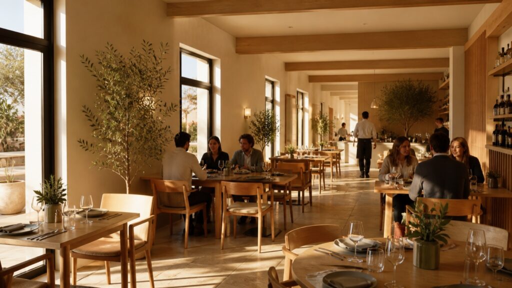 Sala ristorante luminosa e moderna con clienti ai tavoli e personale di servizio