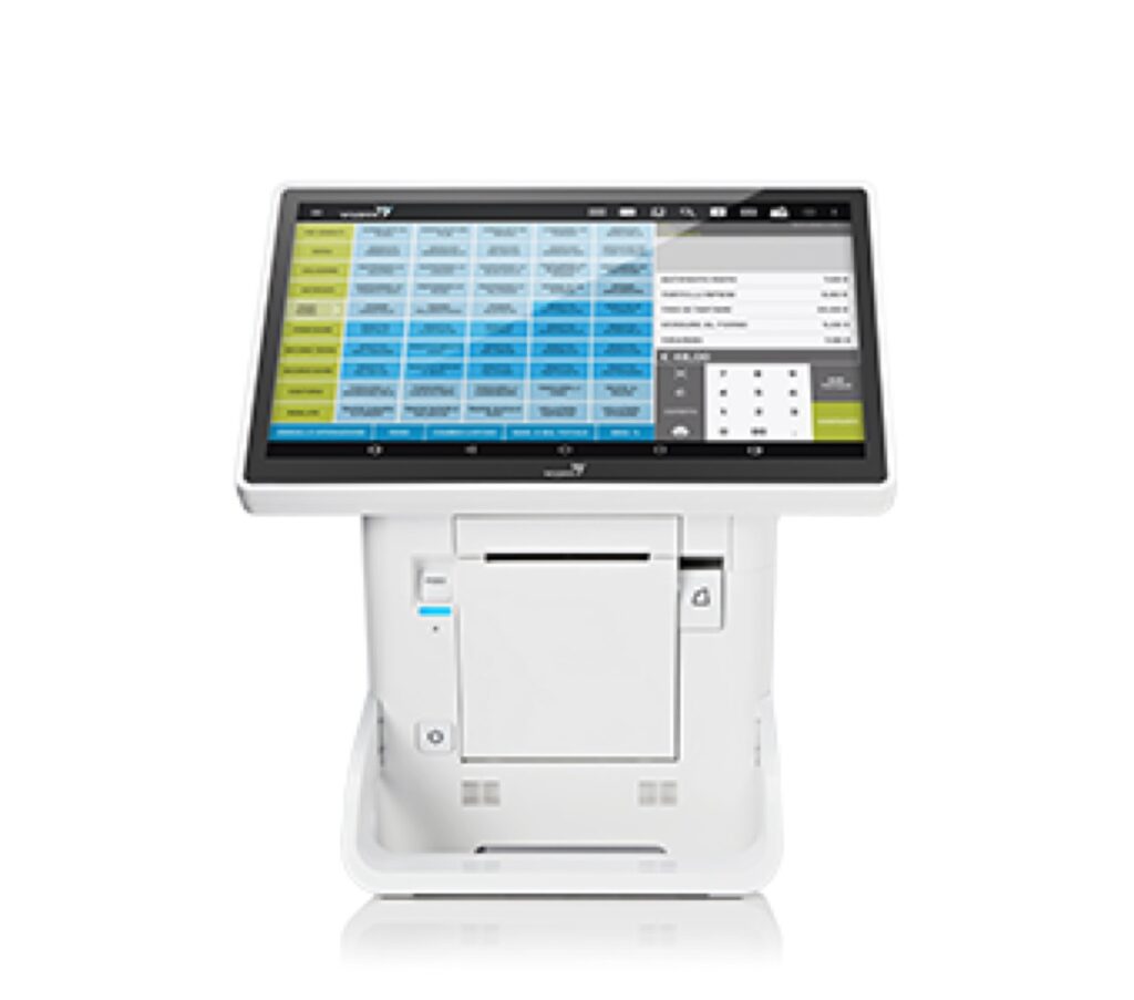 Sistema cassa Android WyPos 1300 bianco con display extra-wide, stampante integrata e software WyCash