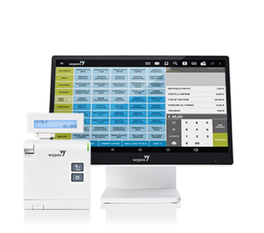 Sistema cassa Android WyPos 2600 bianco con monitor touchscreen, stampante fiscale e display cliente
