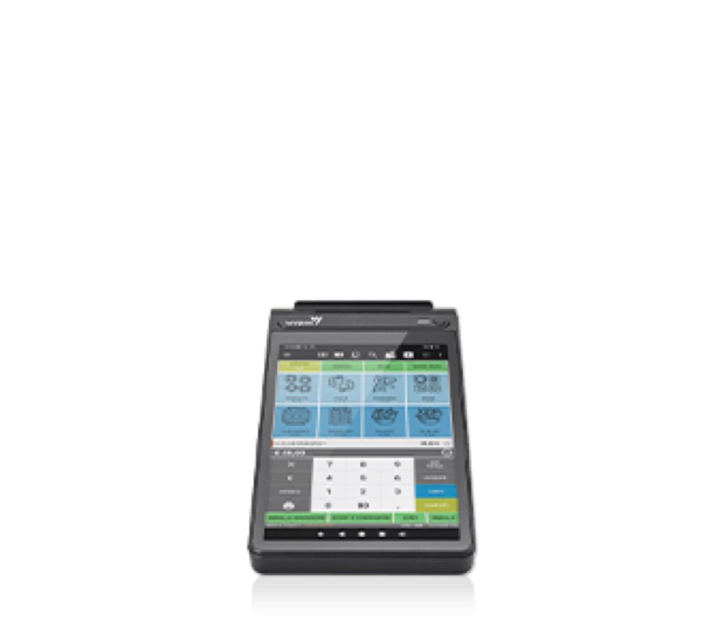 Sistema cassa Android WyPos 300 nero con touchscreen verticale e software gestionale integrato