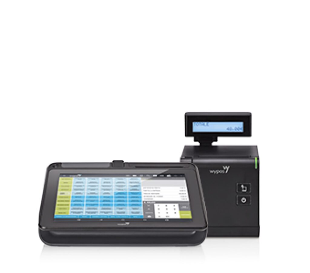 Sistema cassa Android WyPos 600 con touchscreen orizzontale, stampante e display cliente LCD