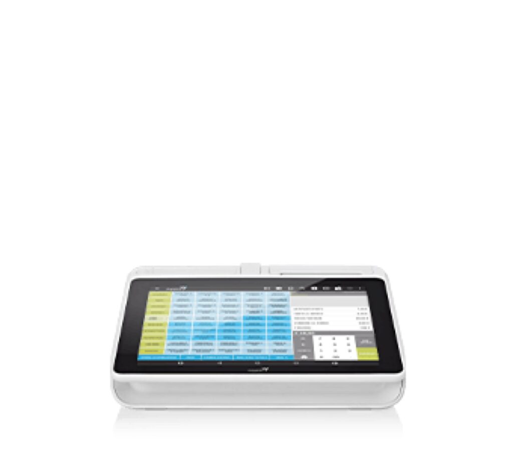 Sistema cassa Android WyPos 800 bianco con touchscreen orizzontale e software WyCash